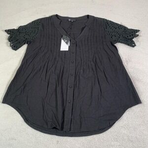 Collection By Cezele Blouse Womens Medium Black Eyelet Flutter Sleeve Button NEW